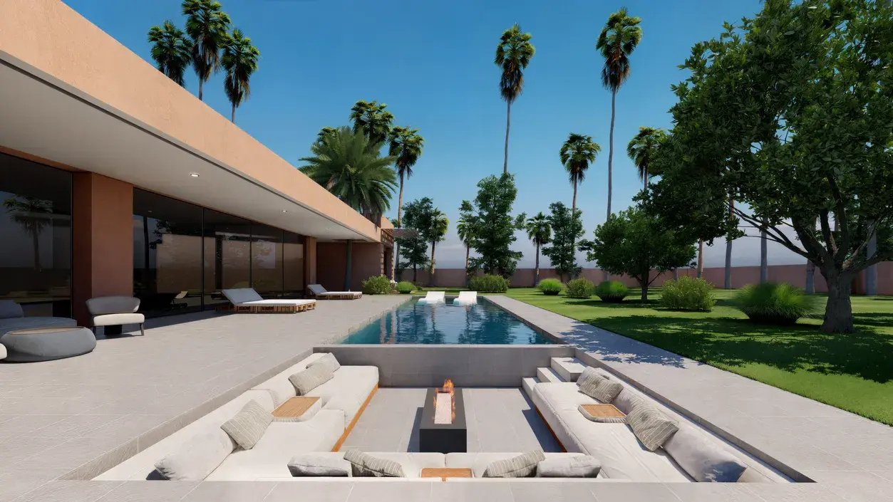 Salón exterior hundido junto a la piscina de una villa Tifawin