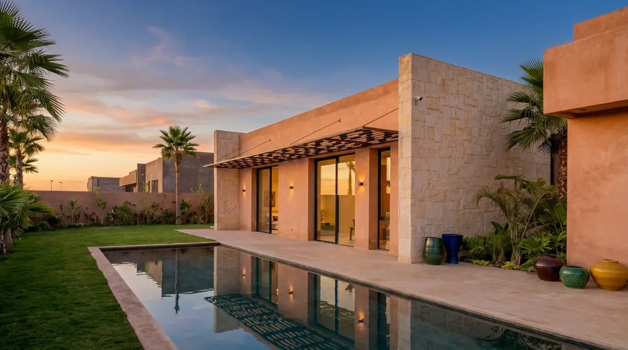 Rendering of a Tifawin villa, terracotta façade and pool